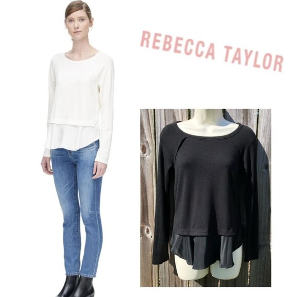 Rebecca Taylor Silk Trim Top XS Long Sleeve Black Ruffle Terry Modal